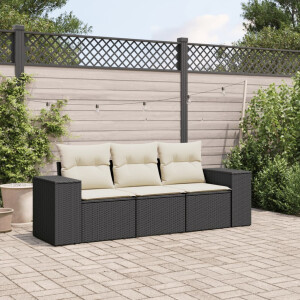 vidaXL 3-delige Loungeset met kussens poly rattan zwart
