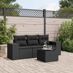 vidaXL 4-delige Loungeset met kussens poly rattan zwart