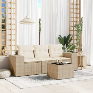 vidaXL 4-delige Loungeset met kussens poly rattan beige
