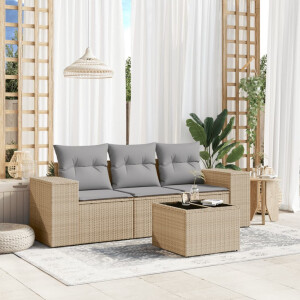 vidaXL 4-delige Loungeset met kussens poly rattan beige