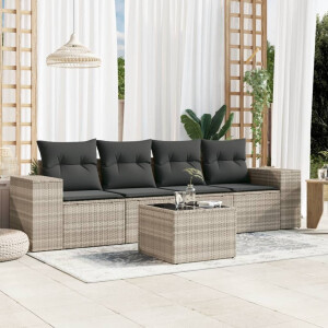 vidaXL 5-delige Loungeset met kussens poly rattan lichtgrijs