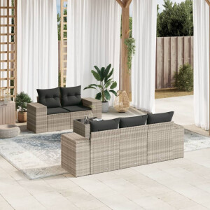 vidaXL 6-delige Loungeset met kussens poly rattan lichtgrijs