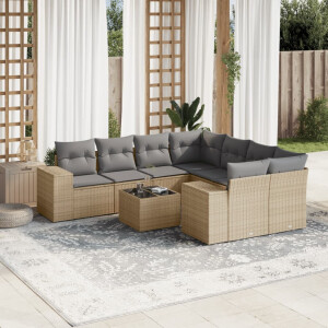 vidaXL 9-delige Loungeset met kussens poly rattan beige