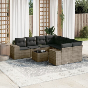 vidaXL 9-delige Loungeset met kussens poly rattan grijs
