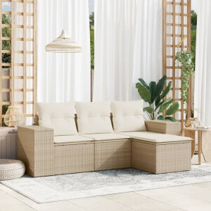 vidaXL 4-delige Loungeset met kussens poly rattan beige