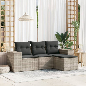 vidaXL 4-delige Loungeset met kussens poly rattan lichtgrijs