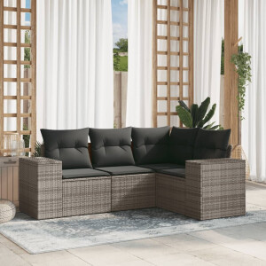vidaXL 4-delige Loungeset met kussens poly rattan grijs