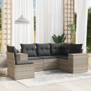 vidaXL 5-delige Loungeset met kussens poly rattan lichtgrijs