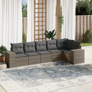 vidaXL 6-delige Loungeset met kussens poly rattan grijs