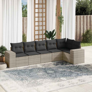 vidaXL 6-delige Loungeset met kussens poly rattan lichtgrijs