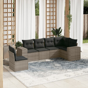 vidaXL 6-delige Loungeset met kussens poly rattan grijs