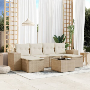vidaXL 7-delige Loungeset met kussens poly rattan beige