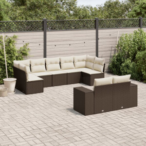 vidaXL 9-delige Loungeset met kussens poly rattan bruin