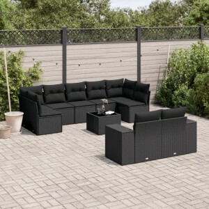 vidaXL 10-delige Loungeset met kussens poly rattan zwart