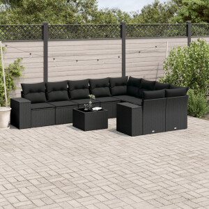 vidaXL 10-delige Loungeset met kussens poly rattan zwart