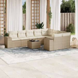 vidaXL 10-delige Loungeset met kussens poly rattan beige