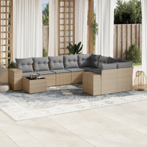 vidaXL 10-delige Loungeset met kussens poly rattan beige