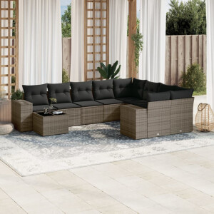 vidaXL 10-delige Loungeset met kussens poly rattan grijs