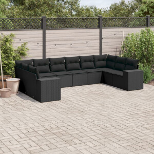 vidaXL 10-delige Loungeset met kussens poly rattan zwart