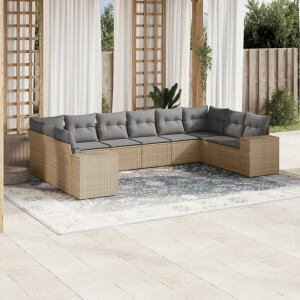 vidaXL 10-delige Loungeset met kussens poly rattan beige