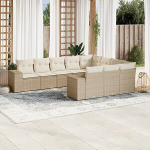 vidaXL 10-delige Loungeset met kussens poly rattan beige