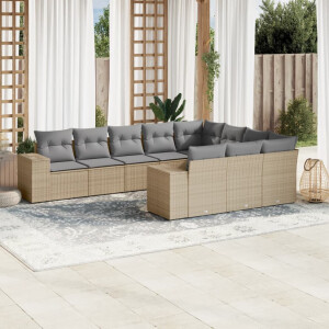 vidaXL 10-delige Loungeset met kussens poly rattan beige