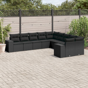 vidaXL 10-delige Loungeset met kussens poly rattan zwart