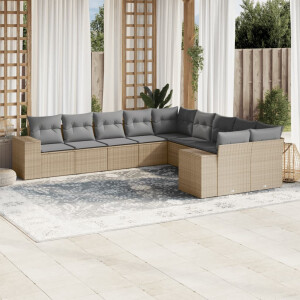 vidaXL 10-delige Loungeset met kussens poly rattan beige