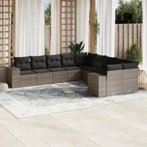 vidaXL 10-delige Loungeset met kussens poly rattan grijs