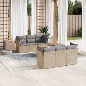 vidaXL 7-delige Loungeset met kussens poly rattan gemengd beige