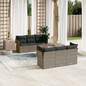 vidaXL 7-delige Loungeset met kussens poly rattan grijs