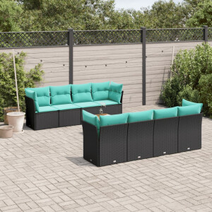 vidaXL 9-delige Loungeset met kussens poly rattan zwart