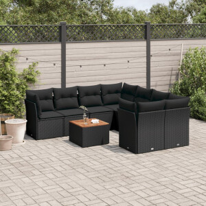 vidaXL 9-delige Loungeset met kussens poly rattan zwart