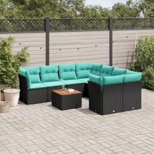 vidaXL 9-delige Loungeset met kussens poly rattan zwart