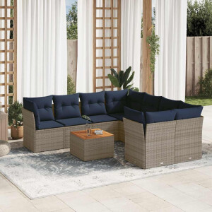 vidaXL 9-delige Loungeset met kussens poly rattan grijs