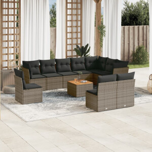 vidaXL 11-delige Loungeset met kussens poly rattan grijs