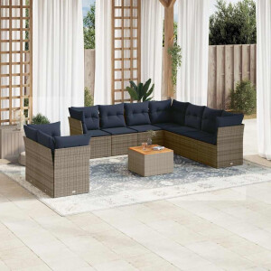vidaXL 10-delige Loungeset met kussens poly rattan grijs