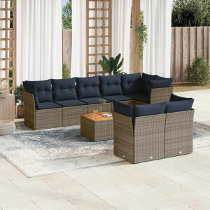 vidaXL 9-delige Loungeset met kussens poly rattan grijs