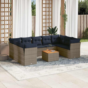 vidaXL 10-delige Loungeset met kussens poly rattan grijs