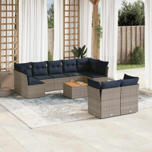vidaXL 10-delige Loungeset met kussens poly rattan grijs