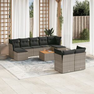 vidaXL 10-delige Loungeset met kussens poly rattan grijs