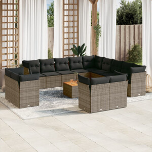vidaXL 14-delige Loungeset met kussens poly rattan grijs