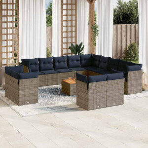 vidaXL 14-delige Loungeset met kussens poly rattan grijs