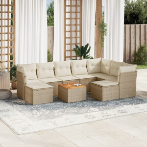 vidaXL 10-delige Loungeset met kussens poly rattan beige