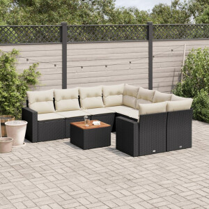 vidaXL 9-delige Loungeset met kussens poly rattan zwart