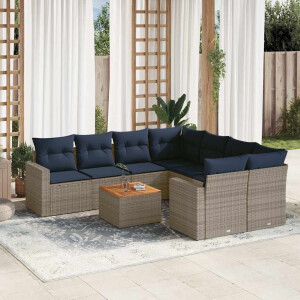 vidaXL 9-delige Loungeset met kussens poly rattan grijs