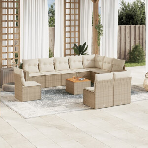 vidaXL 11-delige Tuinset met kussens poly rattan beige