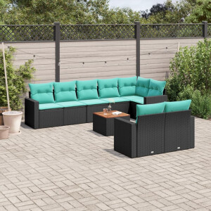 vidaXL 9-delige Loungeset met kussens poly rattan zwart