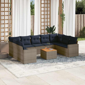 vidaXL 10-delige Loungeset met kussens poly rattan grijs