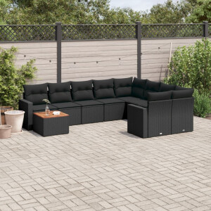 vidaXL 10-delige Loungeset met kussens poly rattan zwart